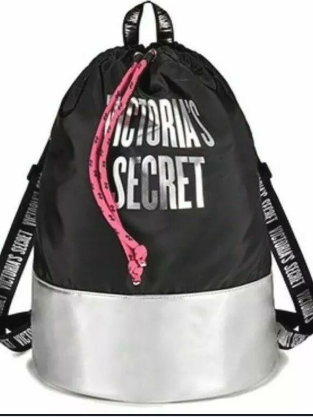 Victoria's Secret Black Backpack with Silver Base and Pink Drawstring